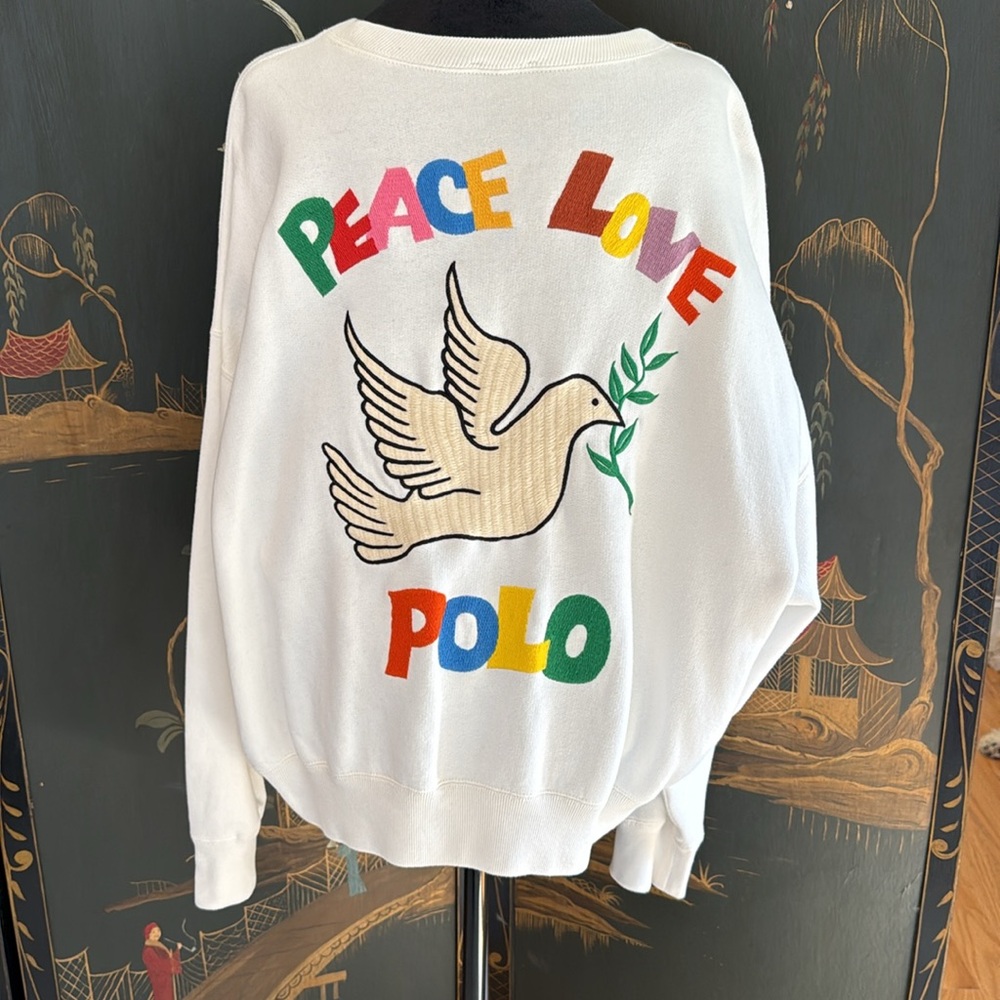 Ralph Lauren Cream Sweatshirt w Blue Emblem / embroidery on back PEACE LOVE POLO